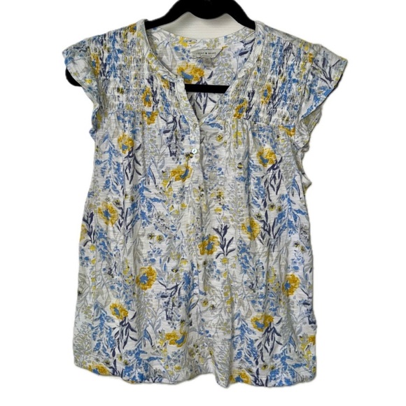 Lucky Brand Blue Yellow Floral Smocked V Neck Button Placket Short Sleeve Top XS - Picture 1 of 5